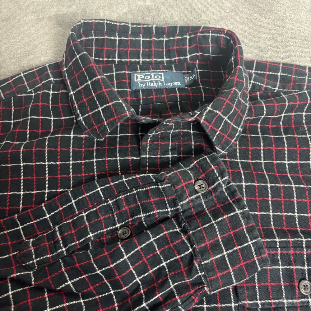 Polo Ralph Lauren Mens XL Plaid Flannel Button Down Shirt Black Red Cabincore